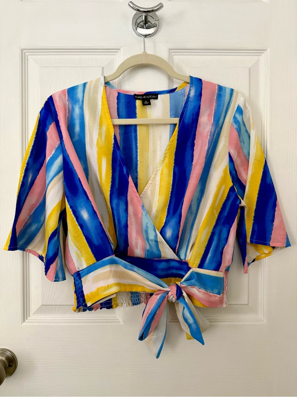 Thread Story Watercolor Striped Cropped Faux Wrap Tie Front Blouse Brunch XL